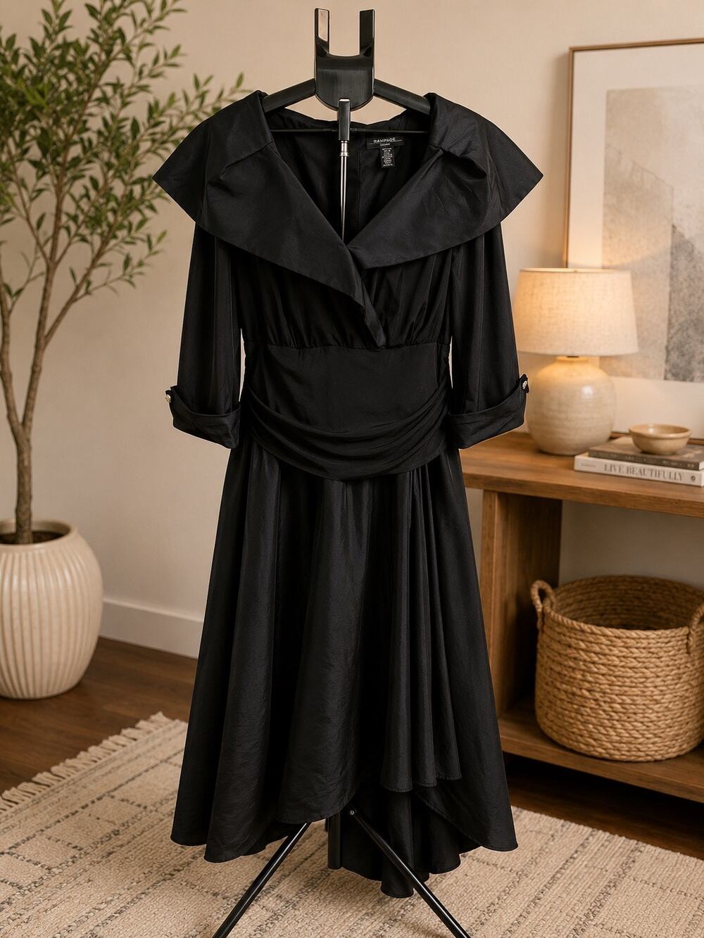R&M Richards Woman 22W Black Formal Maxi Dress Ruched Waist Jeweled Cuffs